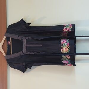 Free People 100% Silk Black Floral Top